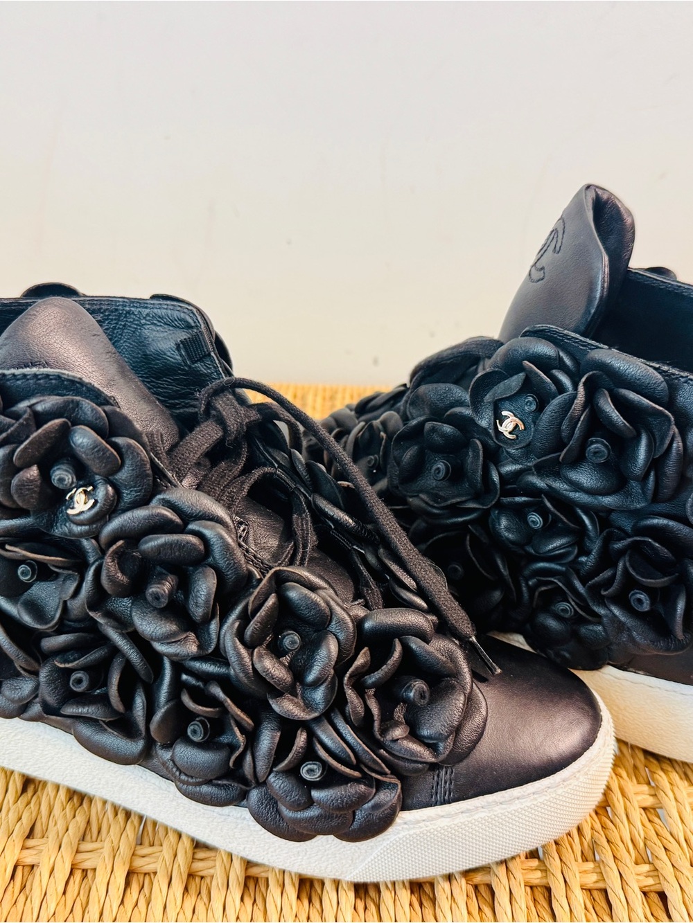 CHANEL Black Camellia-Appliqué Leather High-Top Sneakers